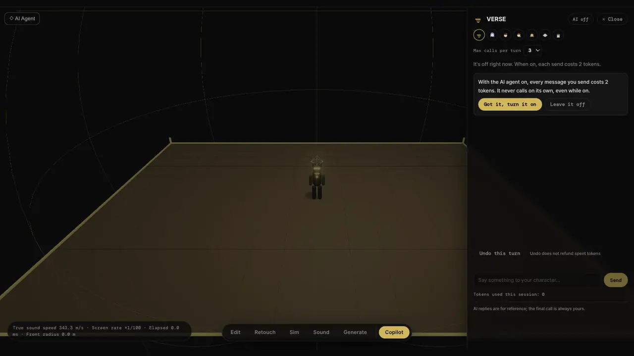 The AI agent panel — seven characters and a chat box