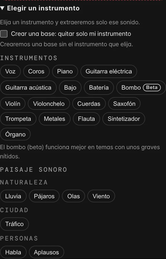 Elegir un instrumento — Ajustes reales de la herramienta
