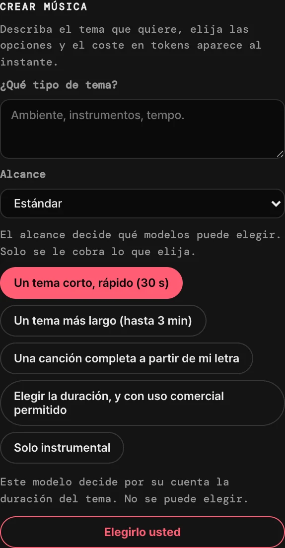 Crear música — Ajustes reales de la herramienta
