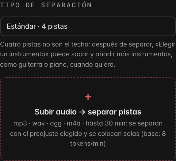 Separación de pistas — Ajustes reales de la herramienta